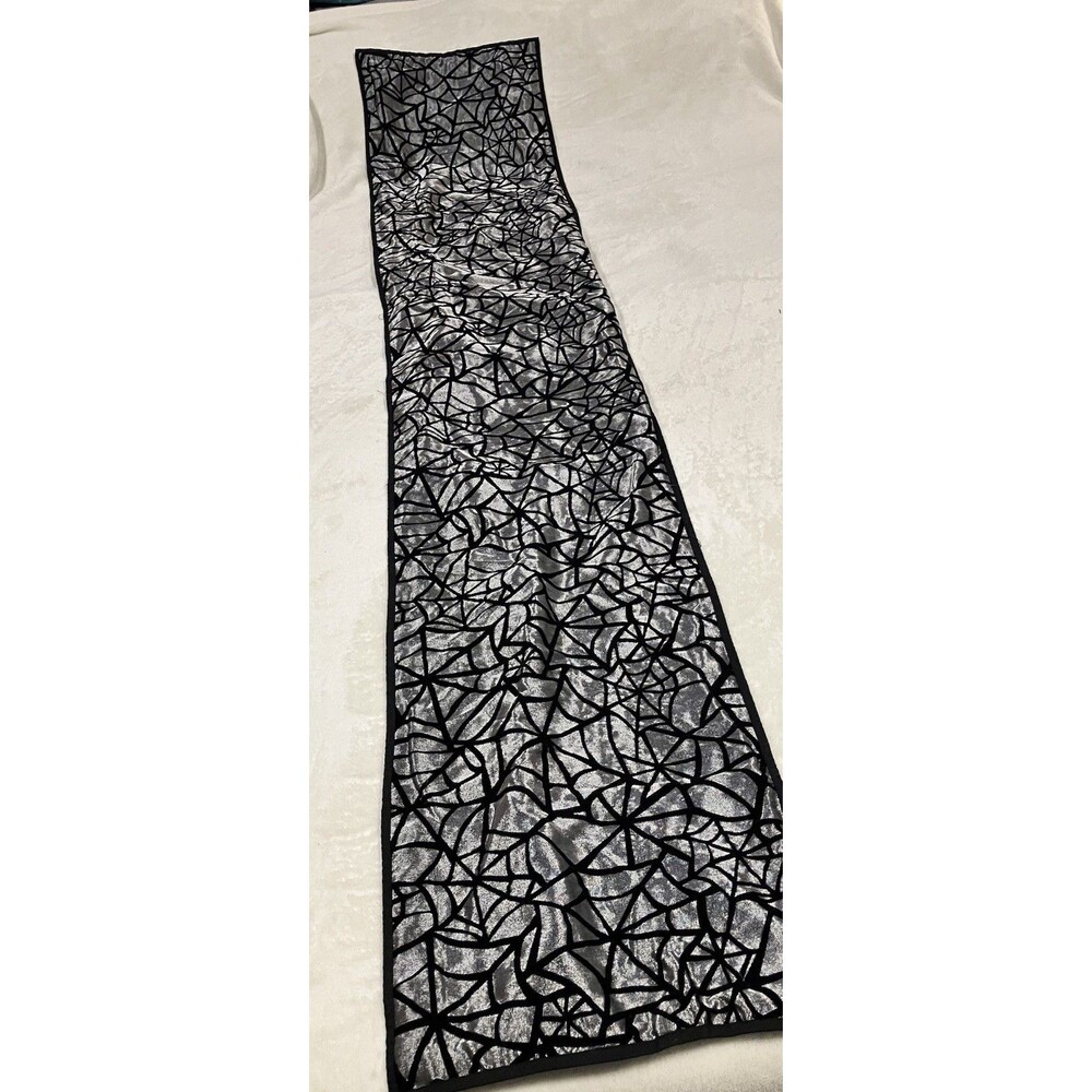 66” Halloween Spiderweb Table Runner Fall Kitchen Dining Grey And Velvety Black